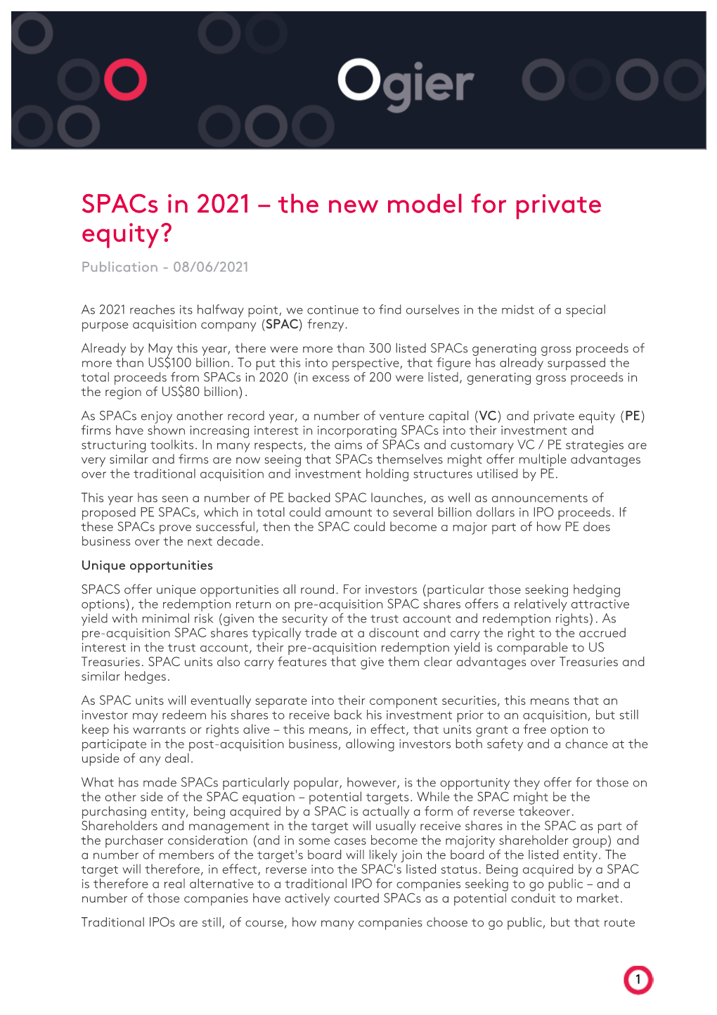 Spacs in 2021 – the New Model for Private Equity? Publication - 08/06/2021