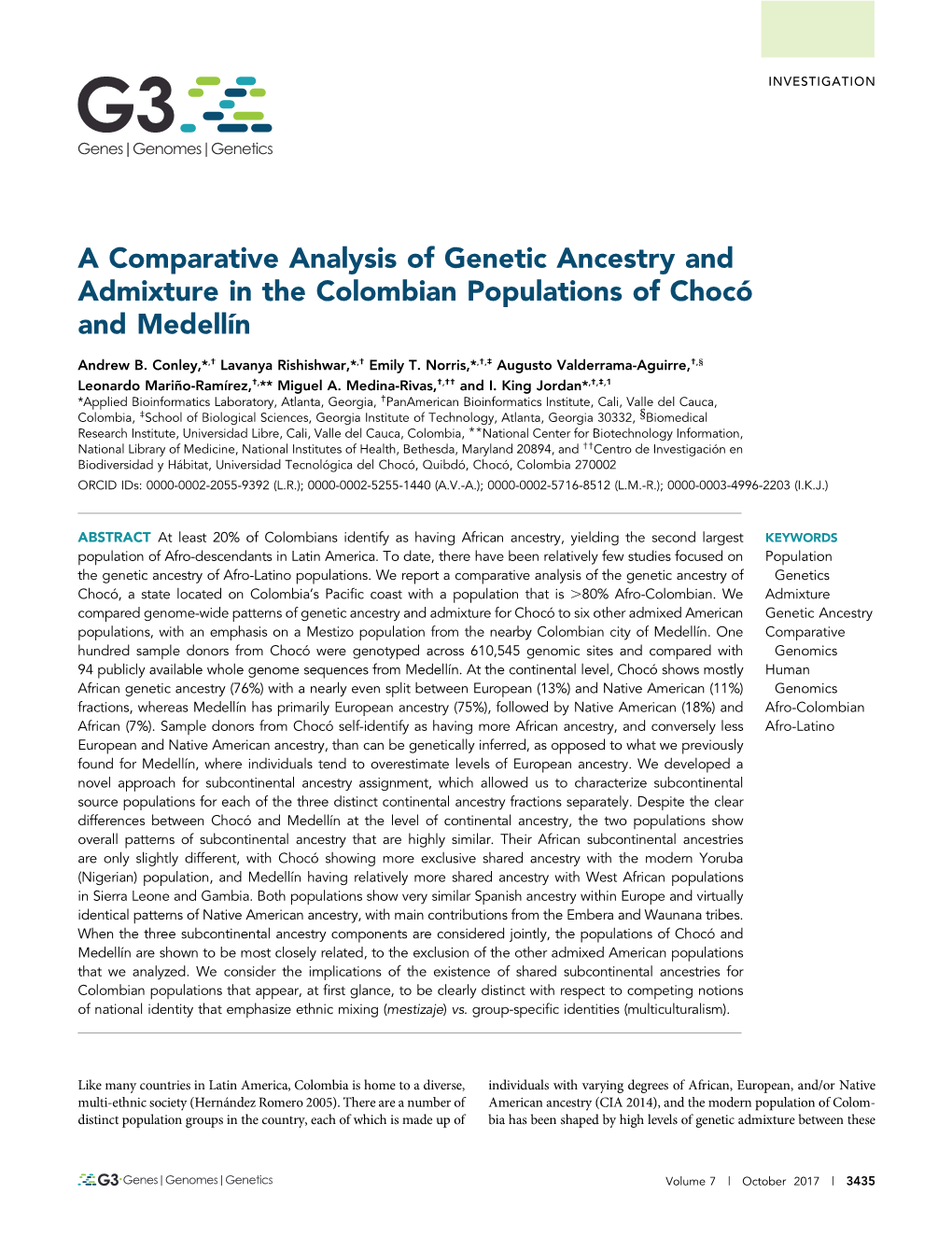 A Comparative Analysis of Genetic Ancestry and Admixture in the Colombian Populations of Chocó and Medellín