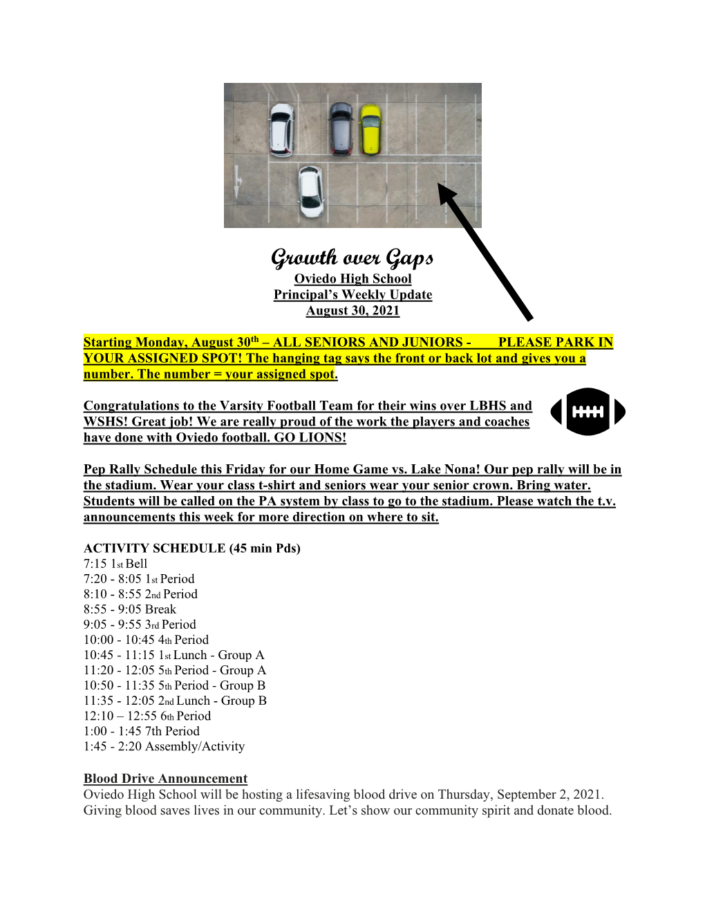 Growth Over Gaps Oviedo High School Principal’S Weekly Update August 30, 2021