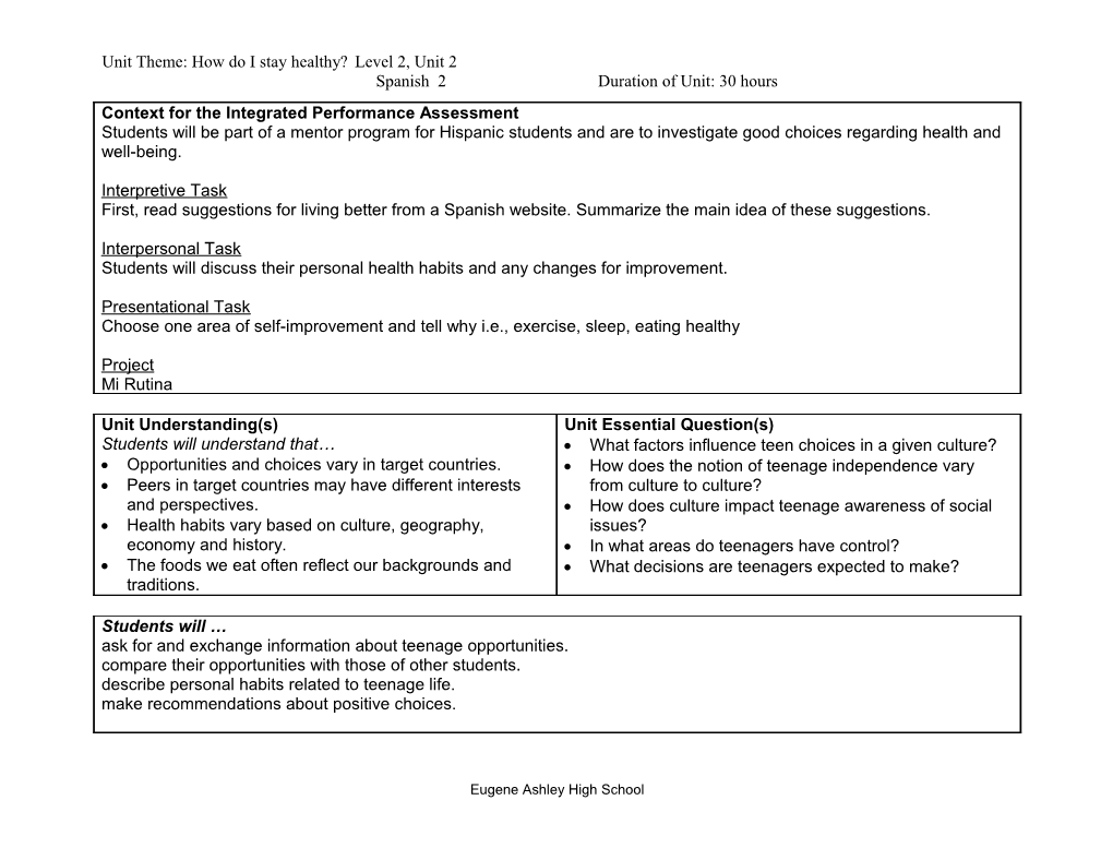 Unit Theme: How Do I Stay Healthy? Level 2, Unit 2