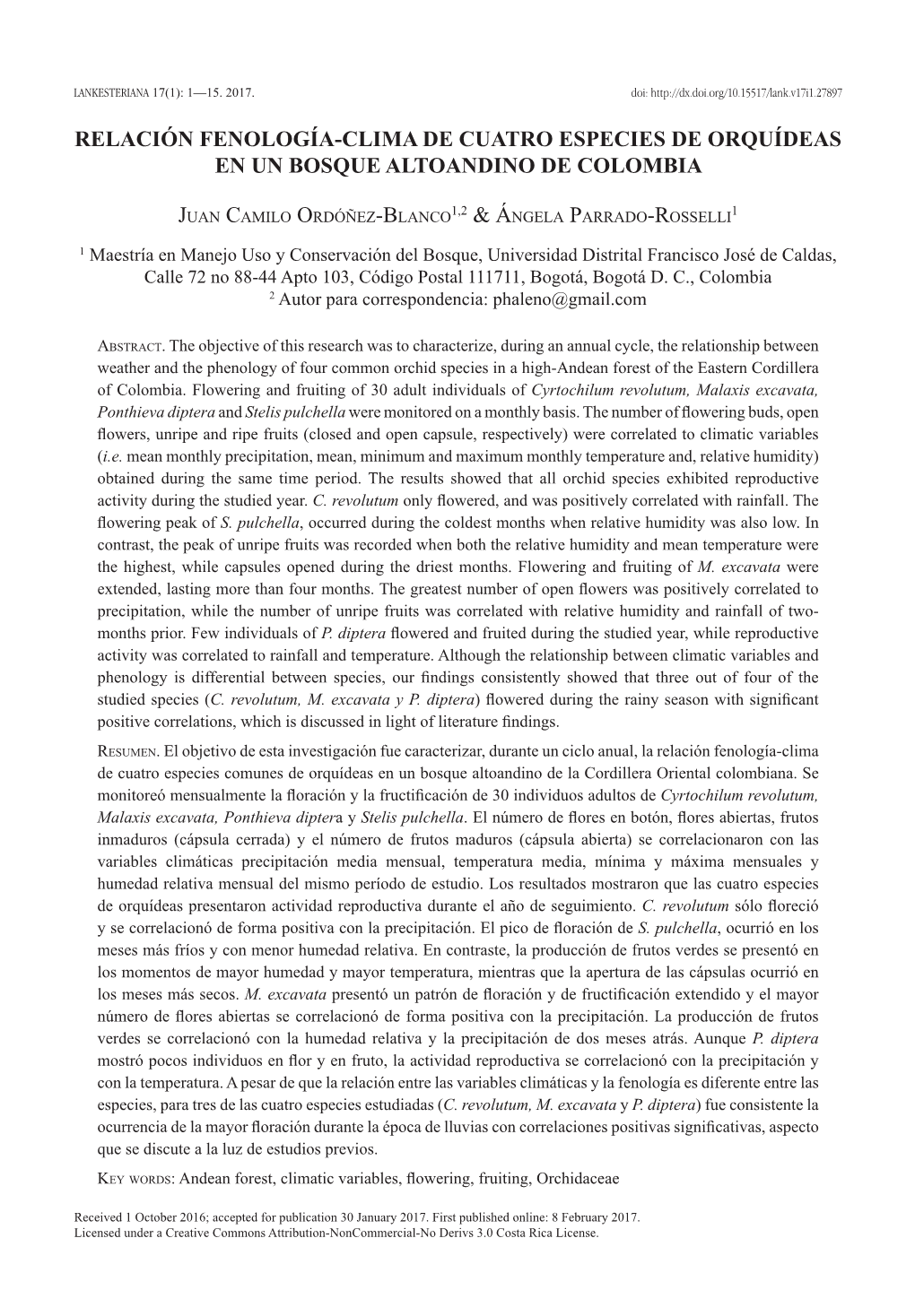 Relación Fenología-Clima De Cuatro Especies De Orquídeas En Un Bosque Altoandino De Colombia