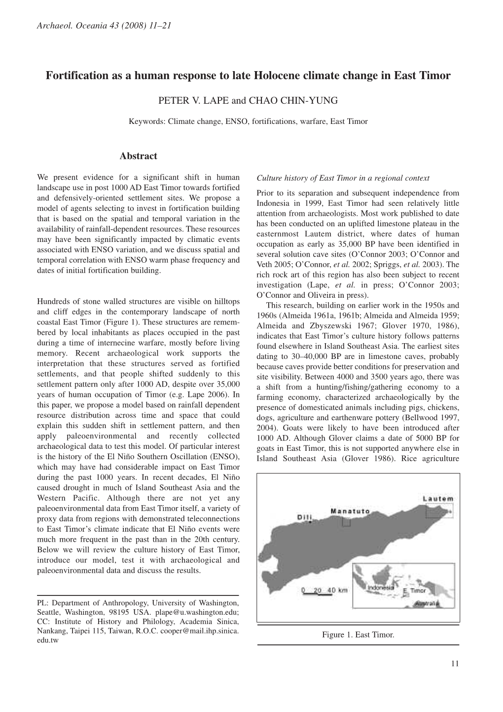 Fortification As a Human Response to Late Holocene Climate Change in East Timor