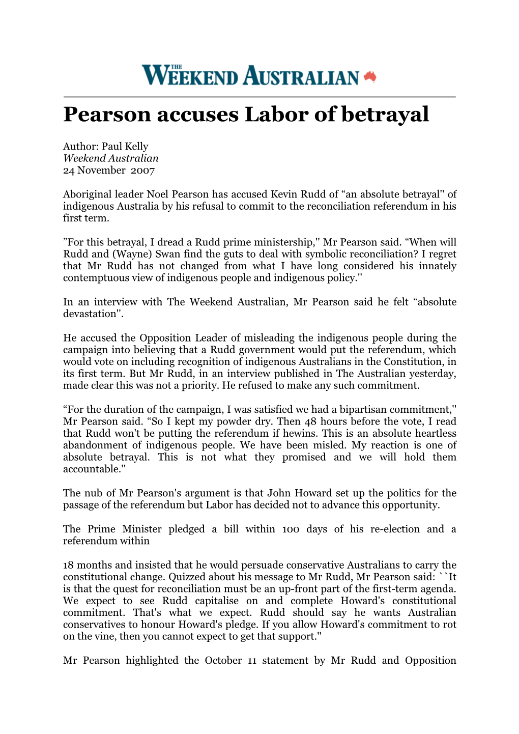 Pearson Accuses Labor of Betrayal