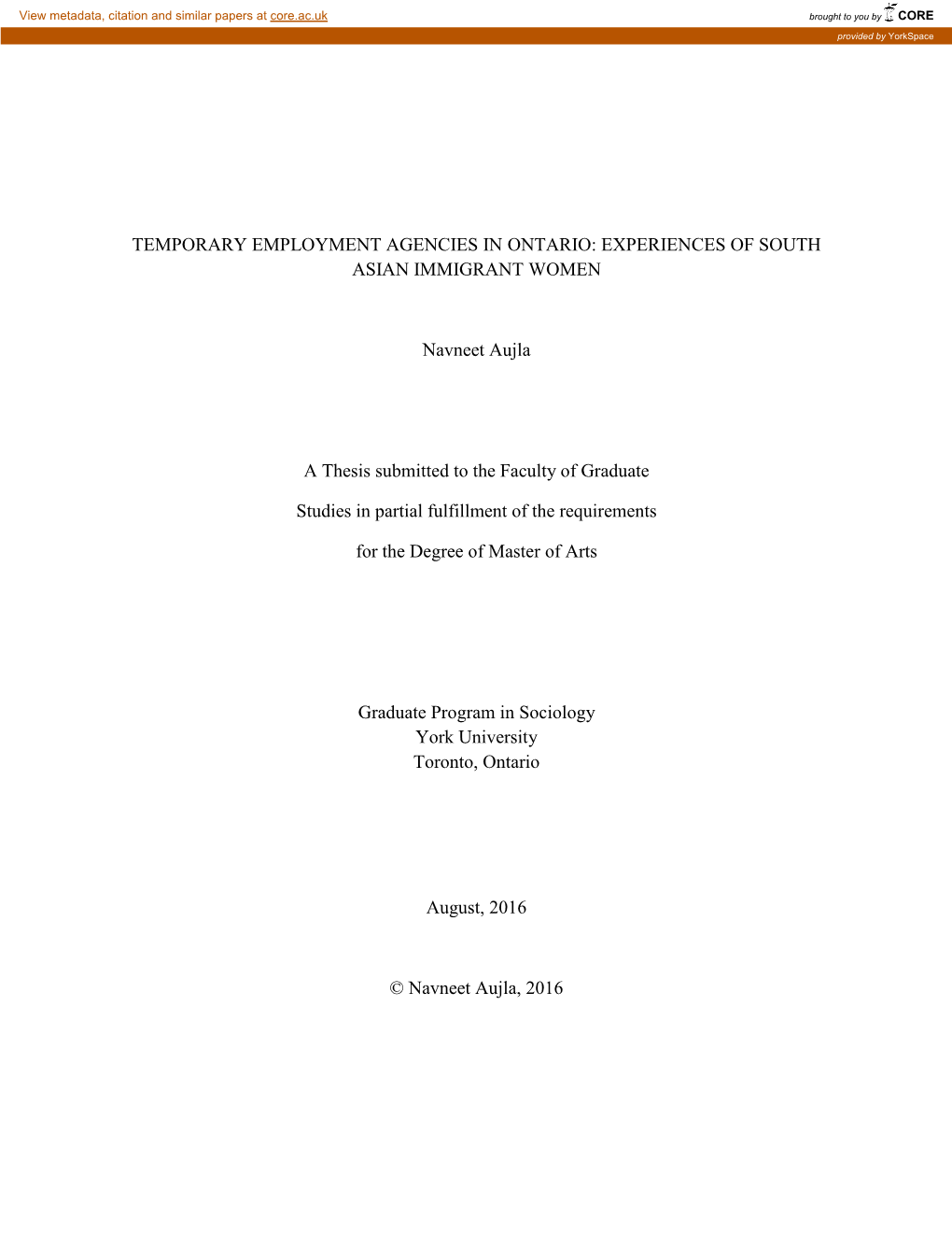 Temporary Employment Agencies in Ontario: Experiences of South Asian Immigrant Women