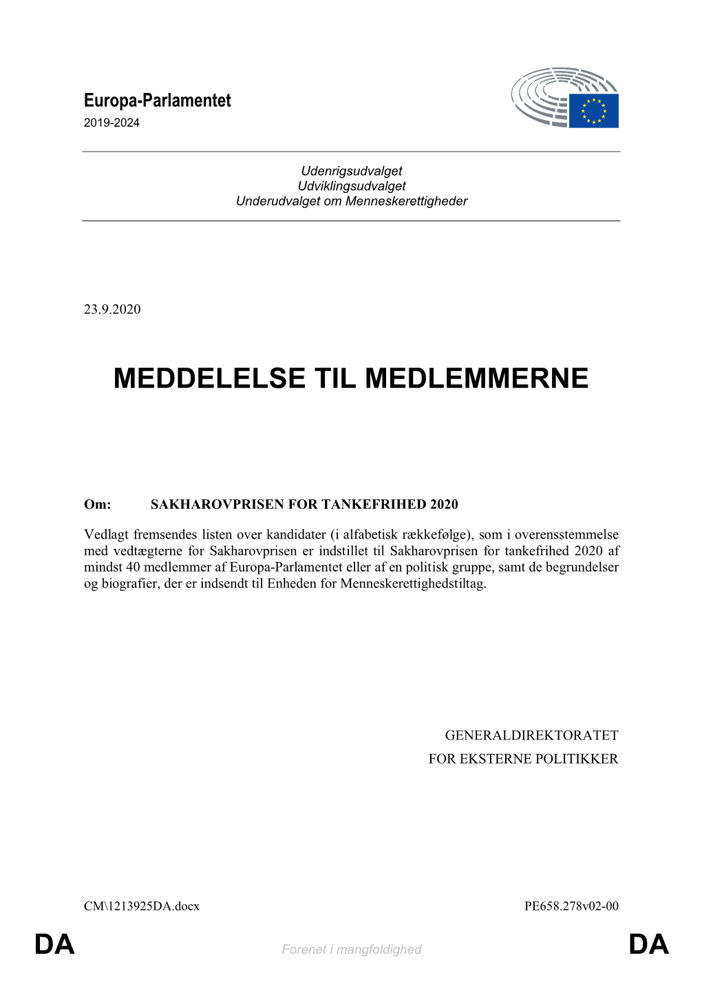 Da Da Meddelelse Til Medlemmerne