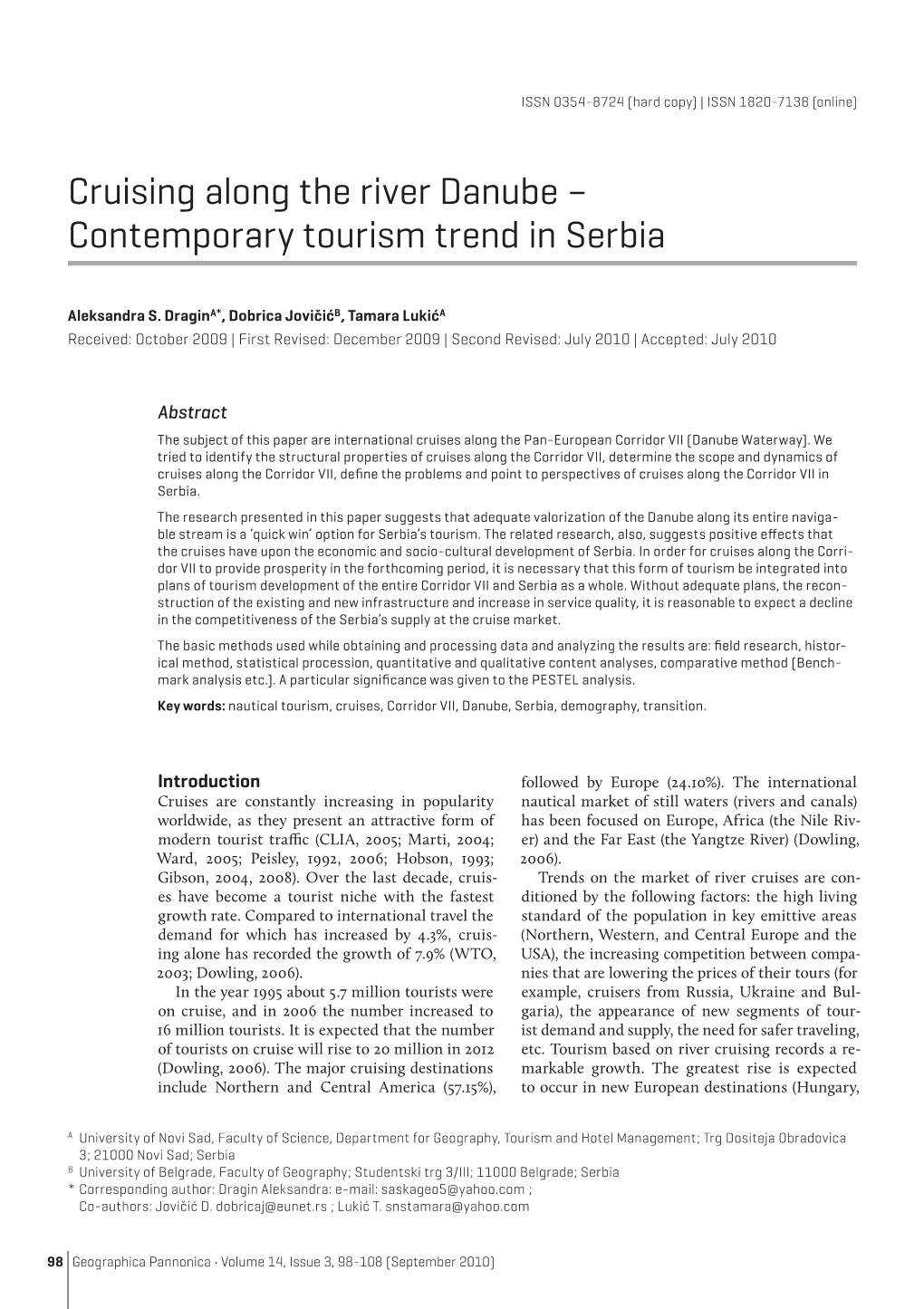Cruising Along the River Danube – Contemporary Tourism Trend in Serbia