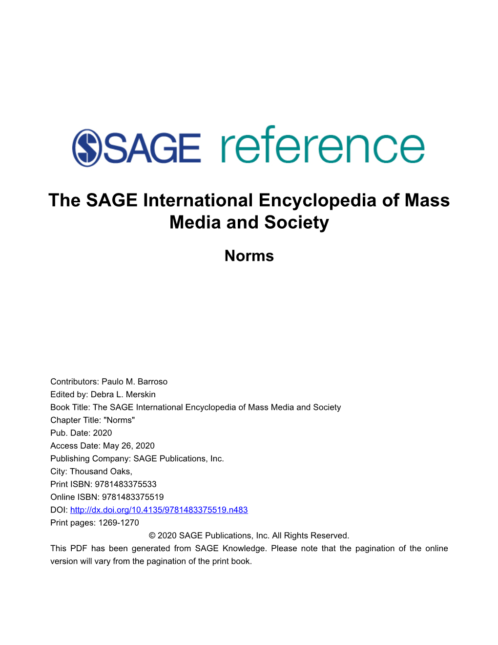 The SAGE International Encyclopedia of Mass Media and Society