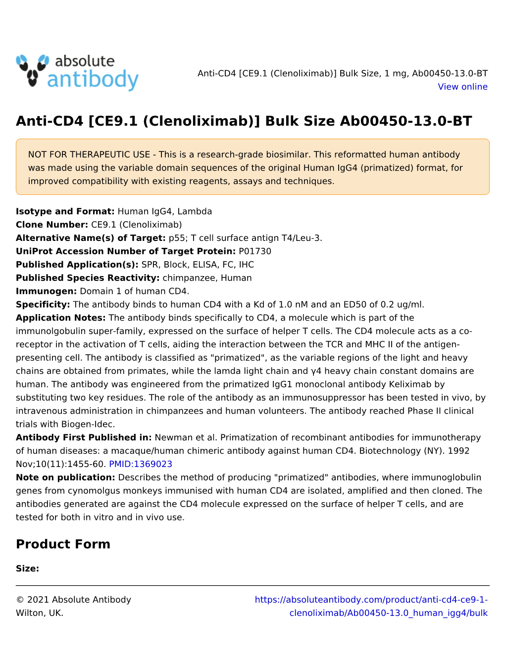 Anti-CD4 [CE9.1 (Clenoliximab)] Bulk Size Ab00450-13.0-BT