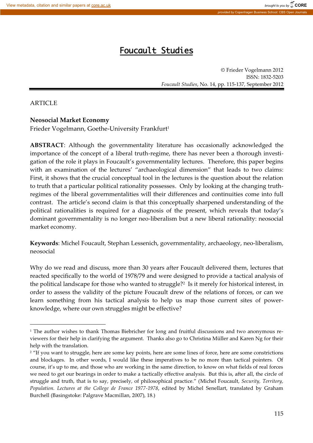 ARTICLE Neosocial Market Economy Frieder Vogelmann, Goethe-University Frankfurt1