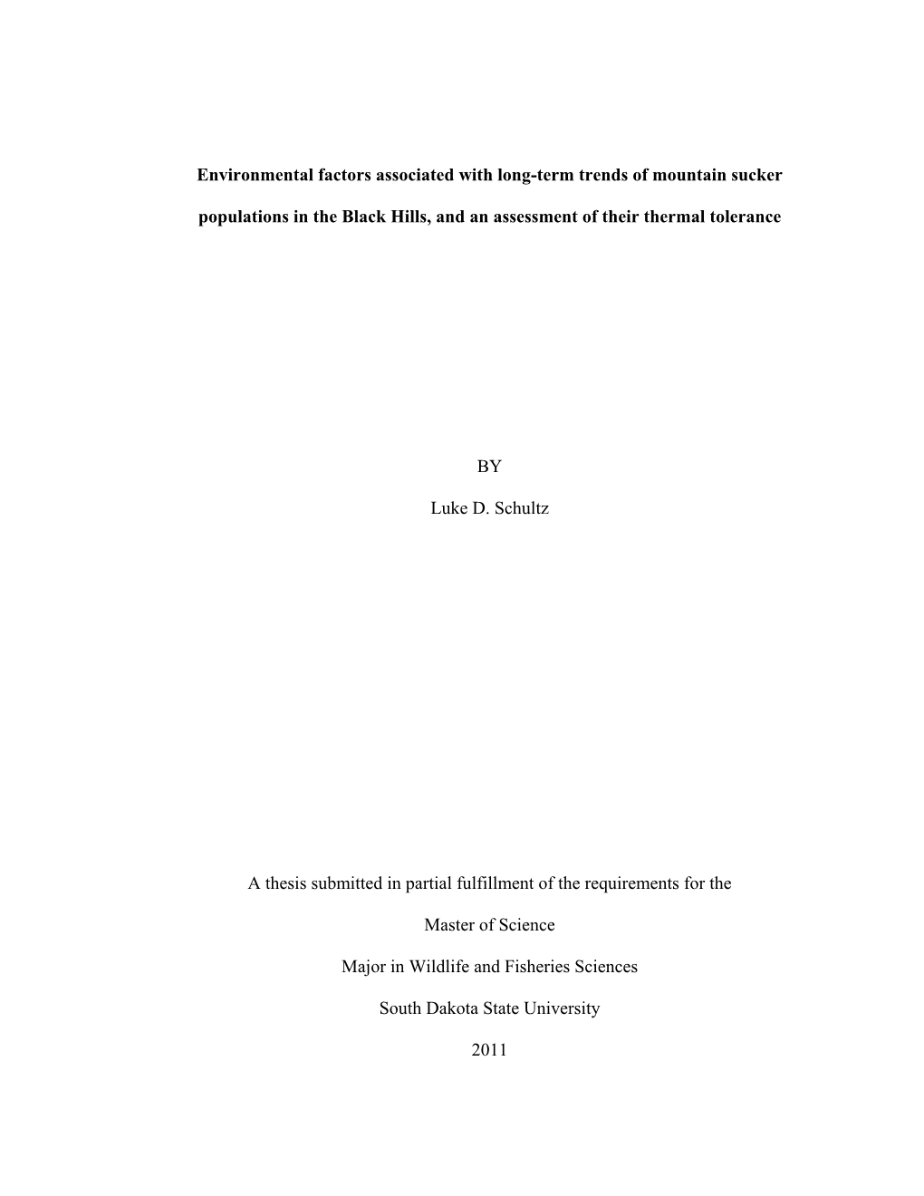 Environmental Factors Associated with Long-Term Trends of Mountain Sucker Populations in the Black Hills, and an Assessment of Their Thermal Tolerance