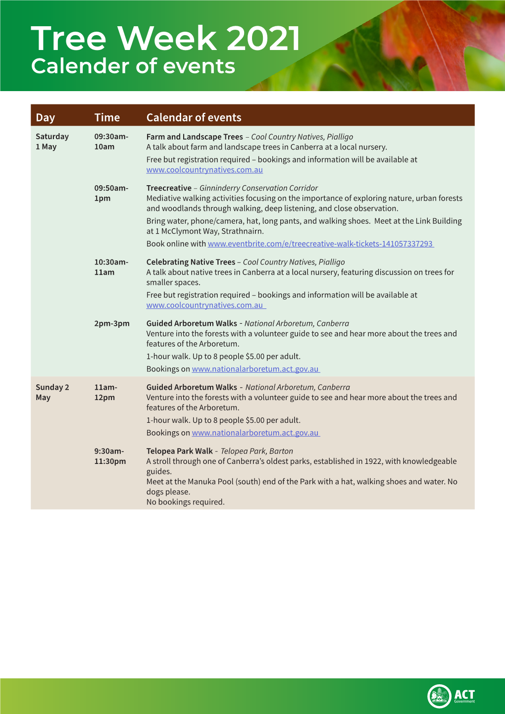 Tree Week 2021 Calender of Events