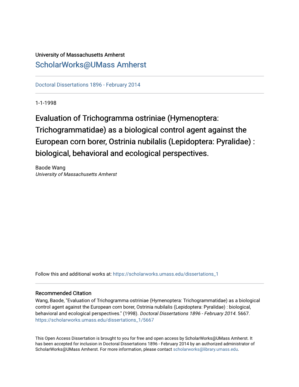 Evaluation of Trichogramma Ostriniae (Hymenoptera: Trichogrammatidae