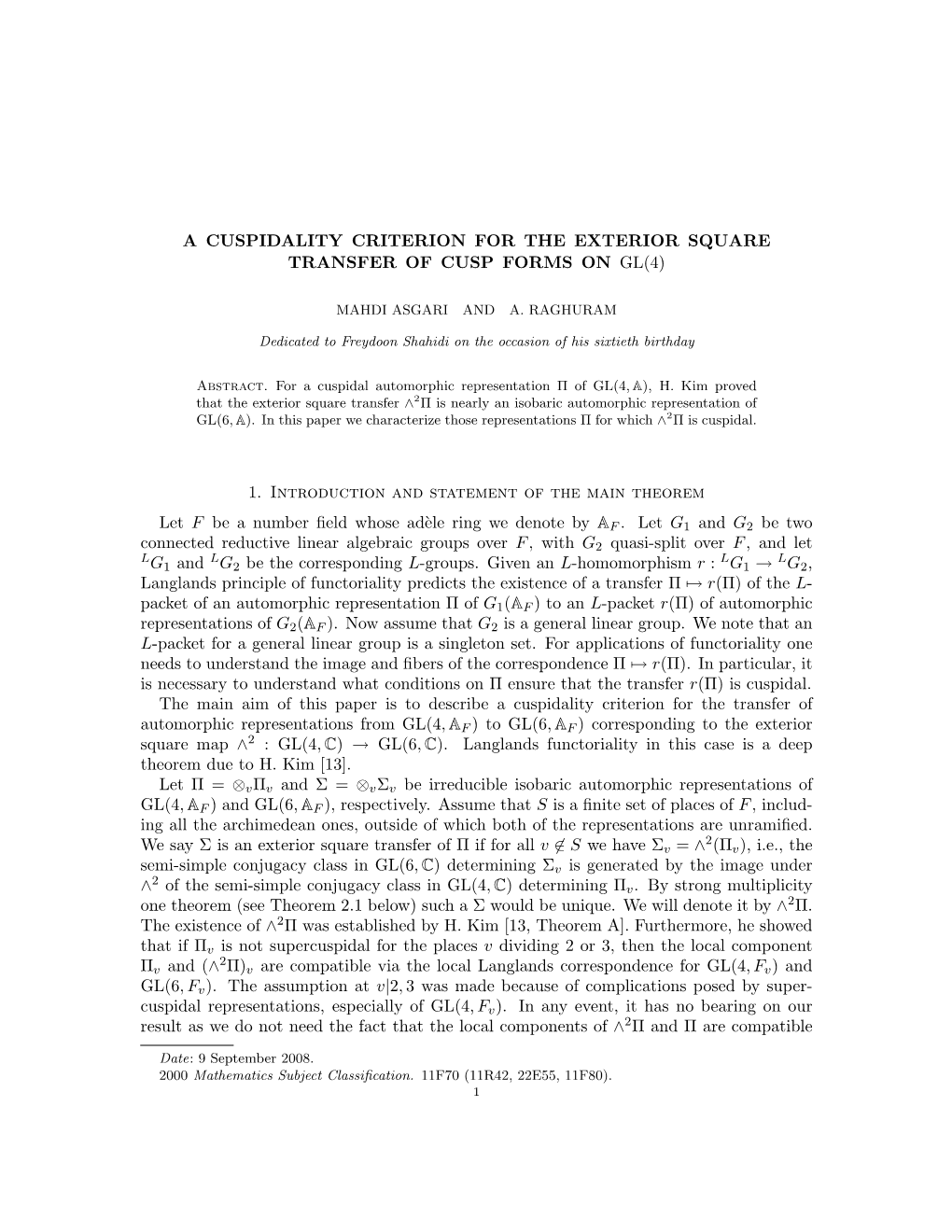 A Cuspidality Criterion for the Exterior Square Transfer of Cusp Forms on Gl(4)