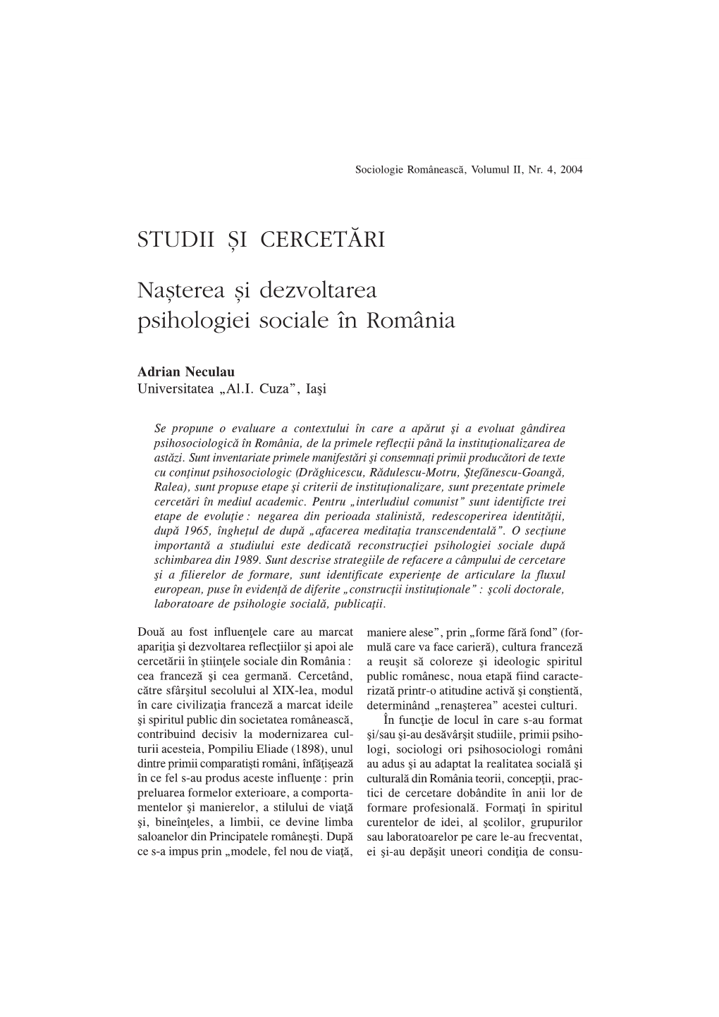 STUDII ªI CERCETĂRI Naºterea ºi Dezvoltarea Psihologiei Sociale În