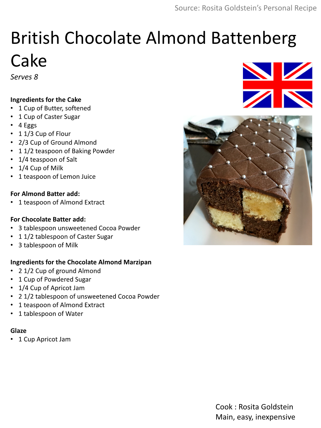 British Chocolate Almond Battenberg Cake Serves 8