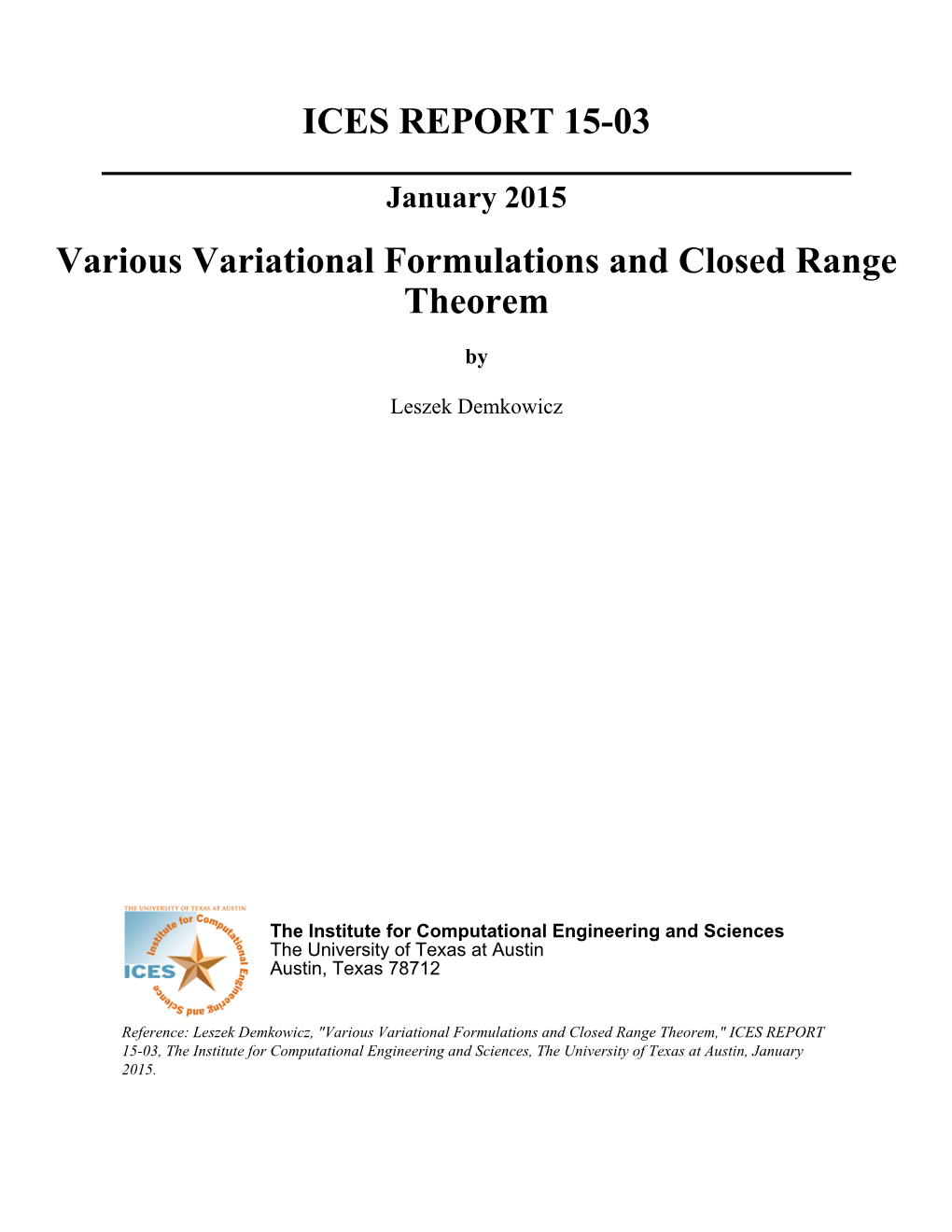 ICES REPORT 15-03 Various Variational Formulations And