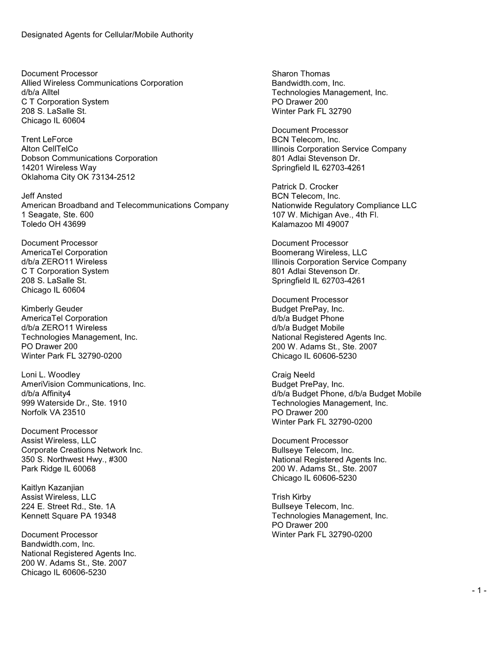 Designated Agents for Cellular/Mobile Authority Document