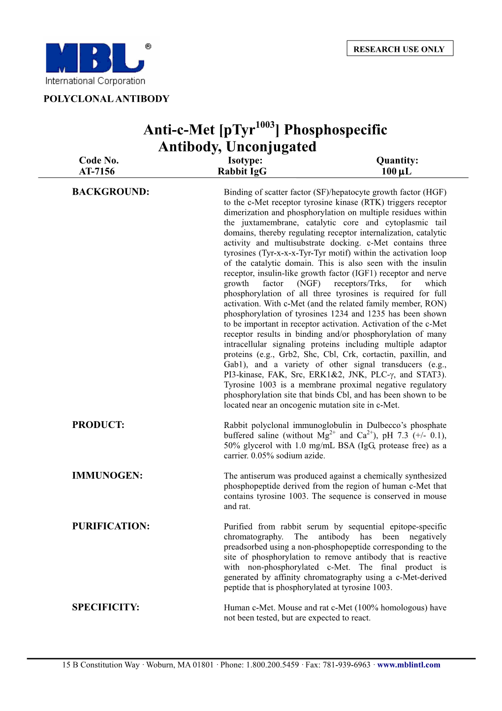 Anti-C-Met [Ptyr ] Phosphospecific Antibody, Unconjugated Code No