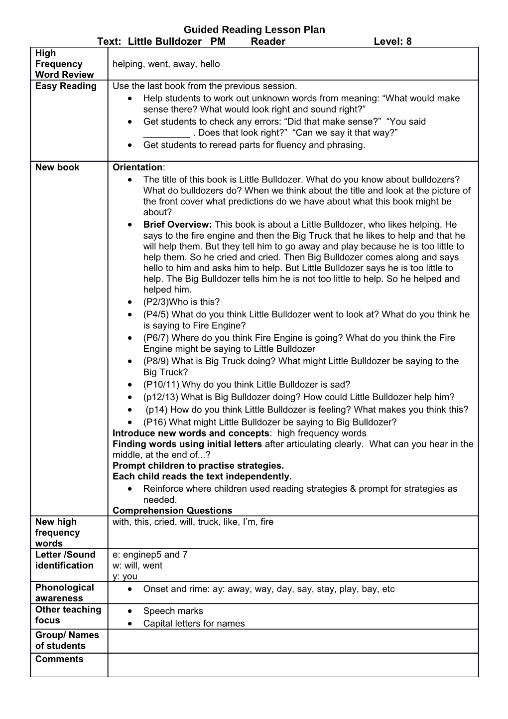 Guided Reading Lesson Plan