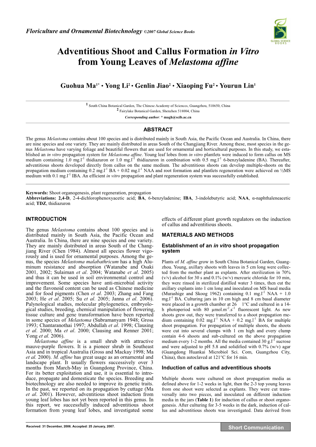 Adventitious Shoot and Callus Formation in Vitro from Young Leaves of Melastoma Affine