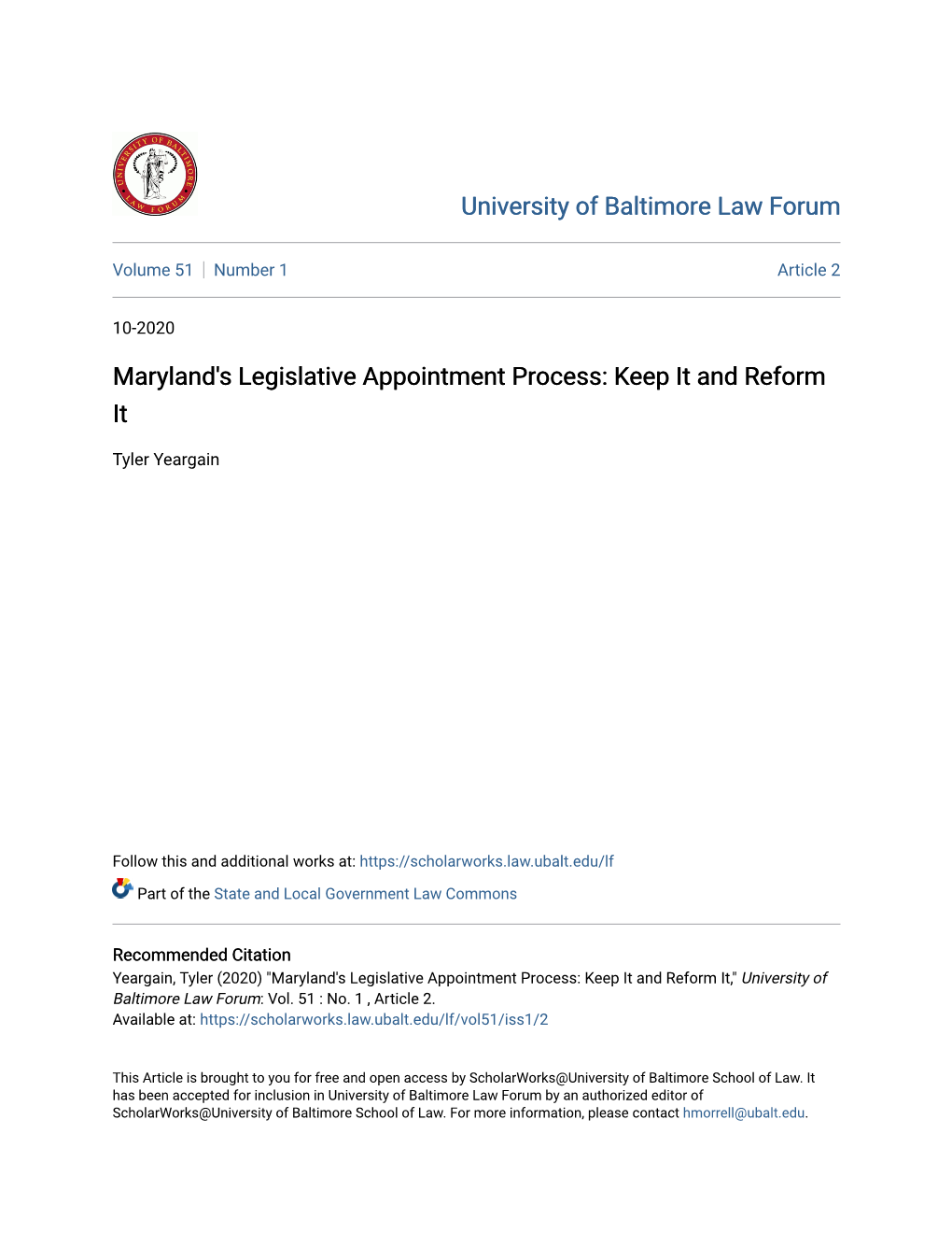 Maryland's Legislative Appointment Process: Keep It and Reform It