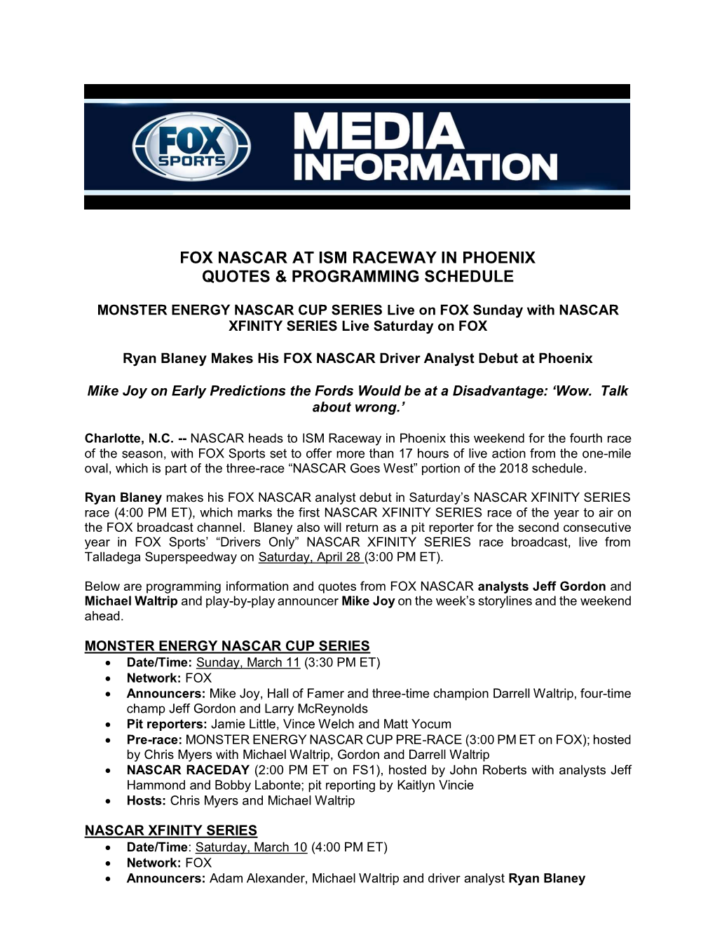 Fox Nascar at Ism Raceway in Phoenix Quotes & Programming Schedule