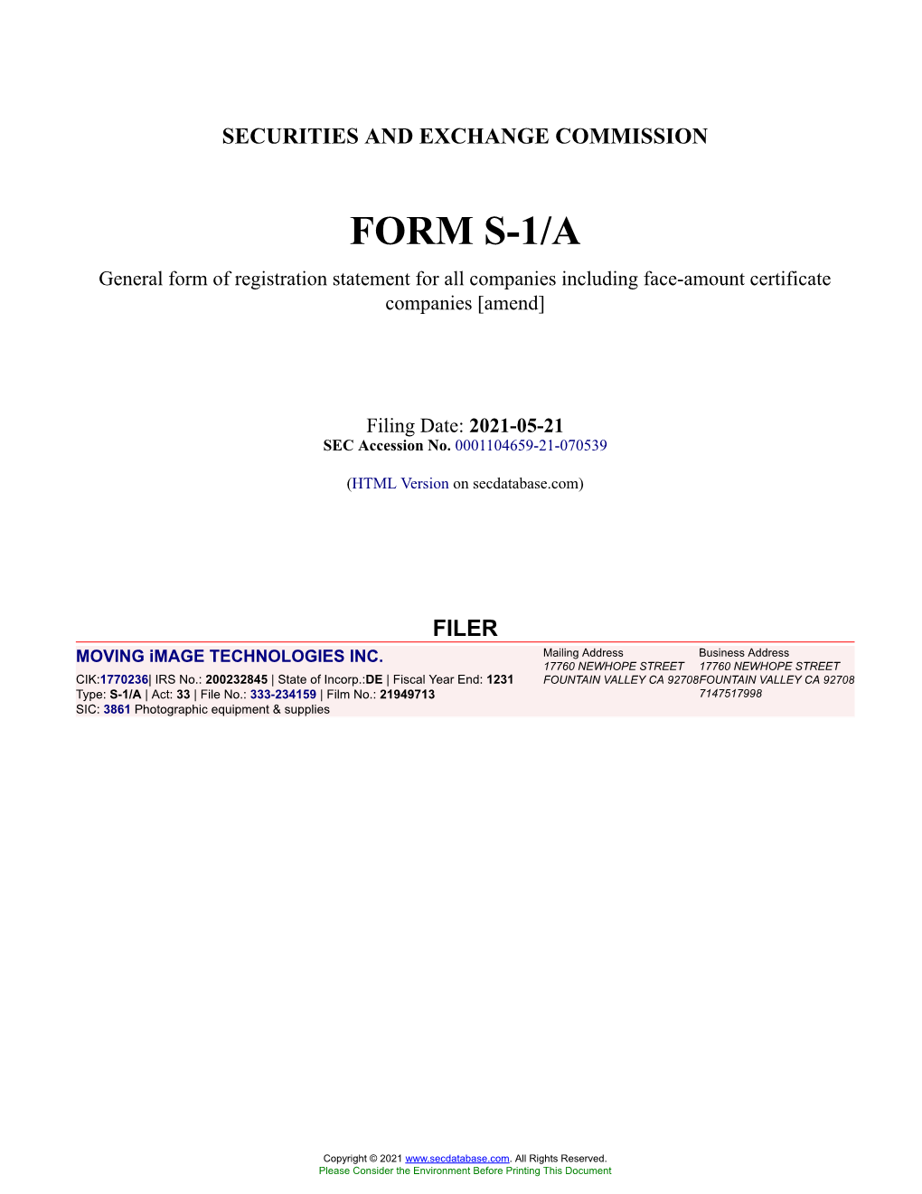 MOVING Image TECHNOLOGIES INC. Form S-1/A Filed 2021-05-21