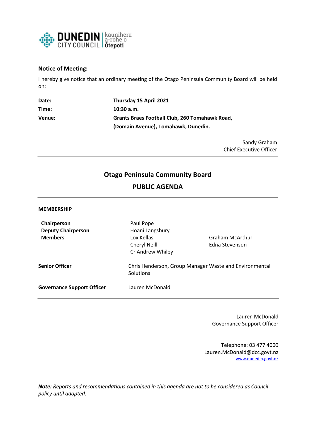 Agenda of Otago Peninsula Community