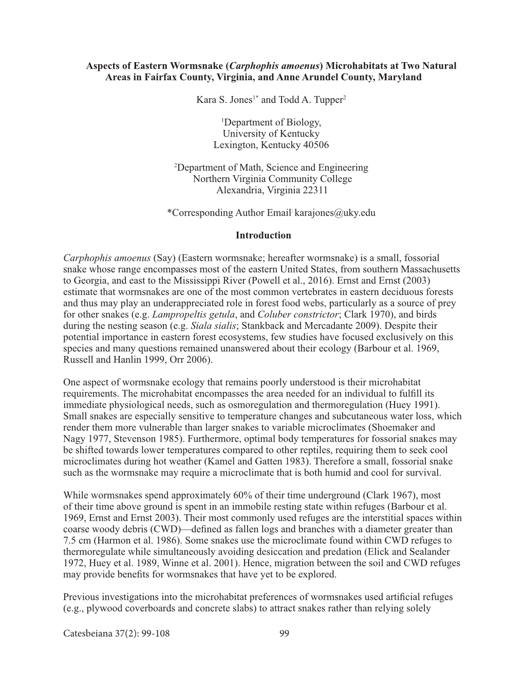 Carphophis Amoenus) Microhabitats at Two Natural Areas in Fairfax County, Virginia, and Anne Arundel County, Maryland