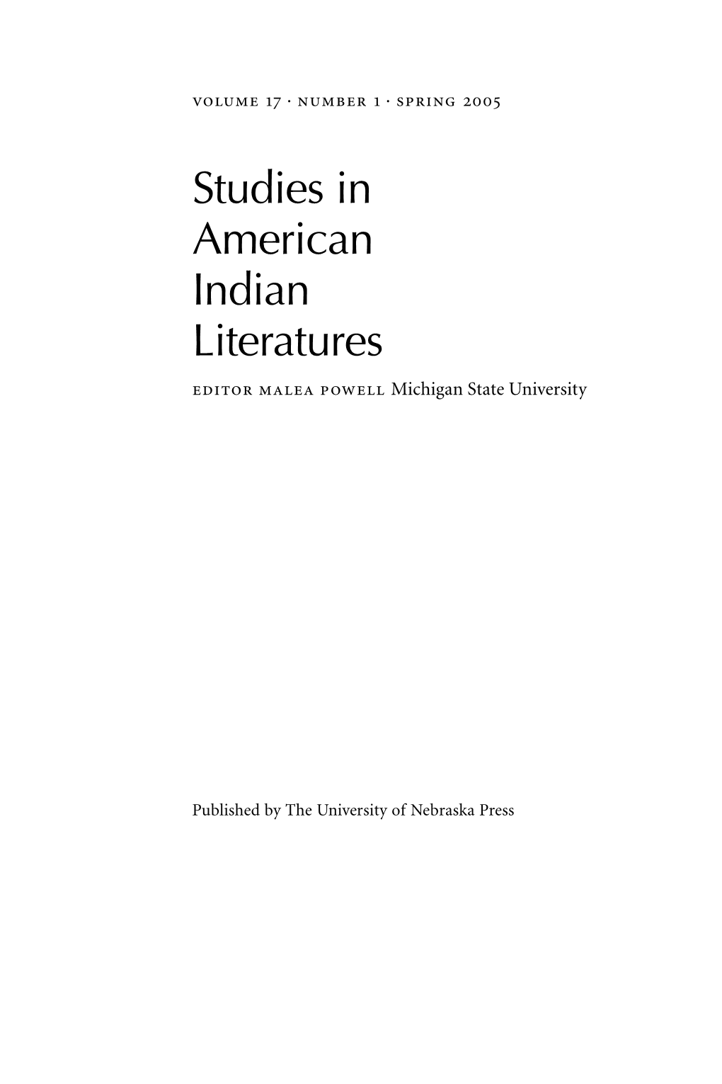 Studies in American Indian Literatures Editor Malea Powell Michigan State University