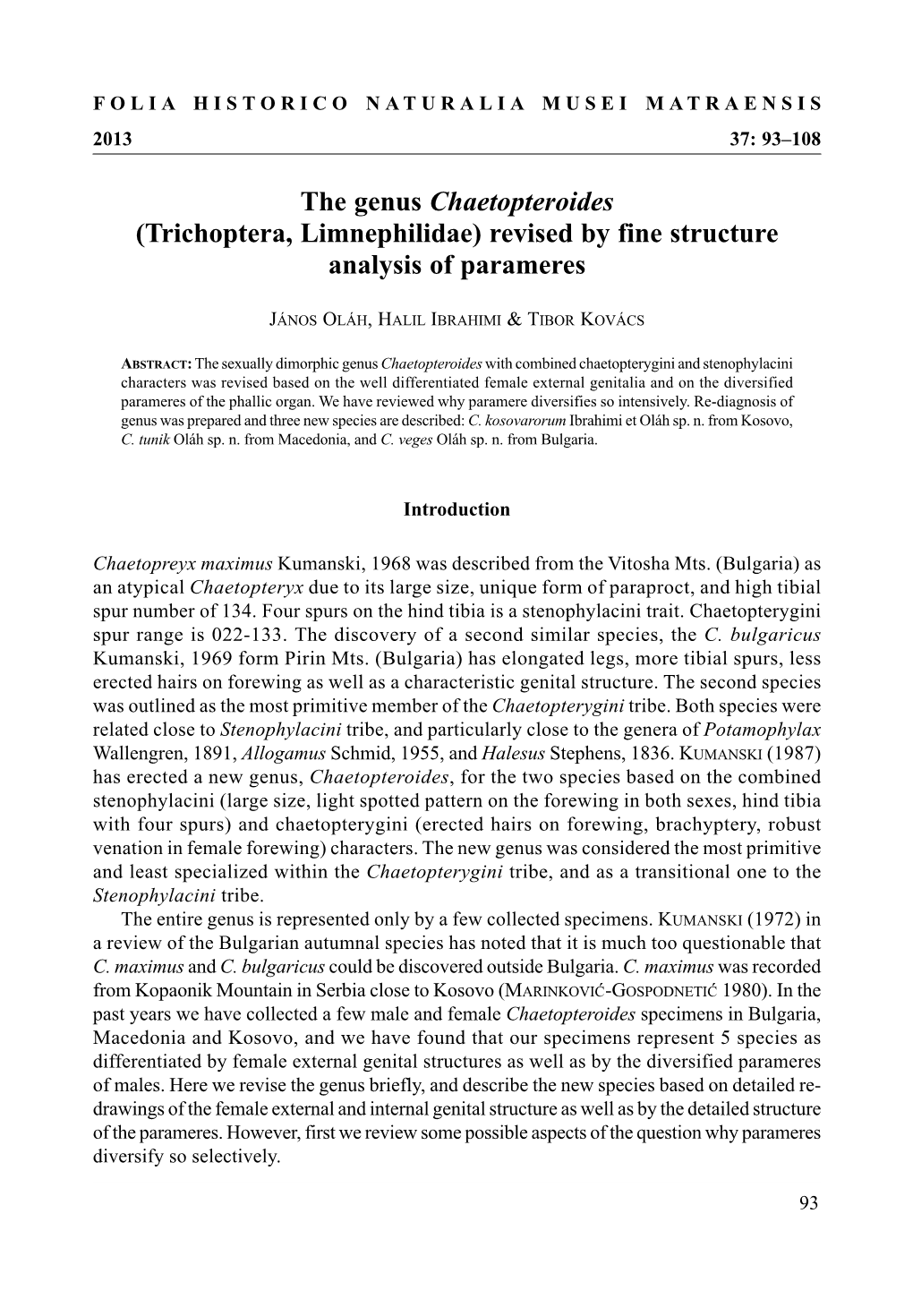 The Genus Chaetopteroides (Trichoptera, Limnephilidae) Revised by Fine Structure Analysis of Parameres