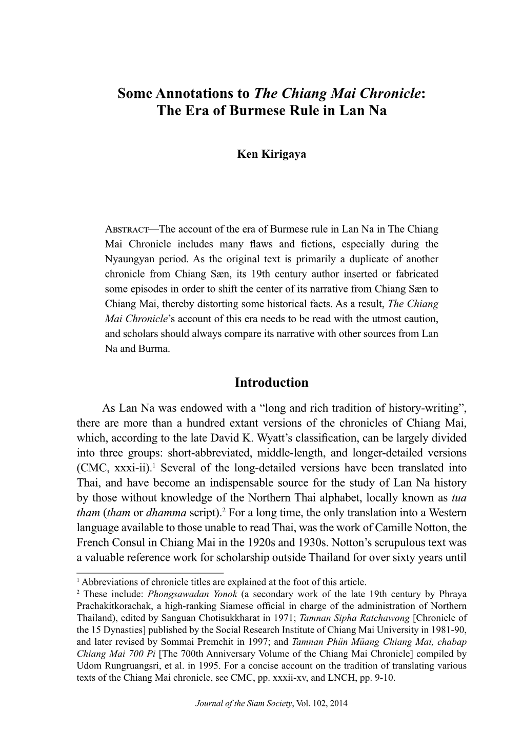 Some Annotations to the Chiang Mai Chronicle: the Era of Burmese Rule in Lan Na