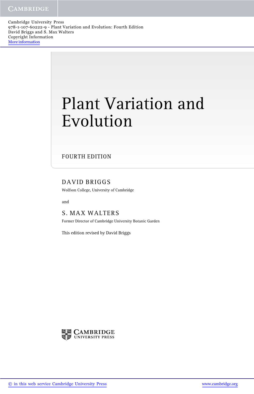 Plant Variation and Evolution: Fourth Edition David Briggs and S
