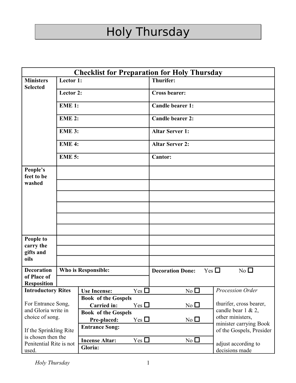 Checklist for Preparation for Holy Thursday