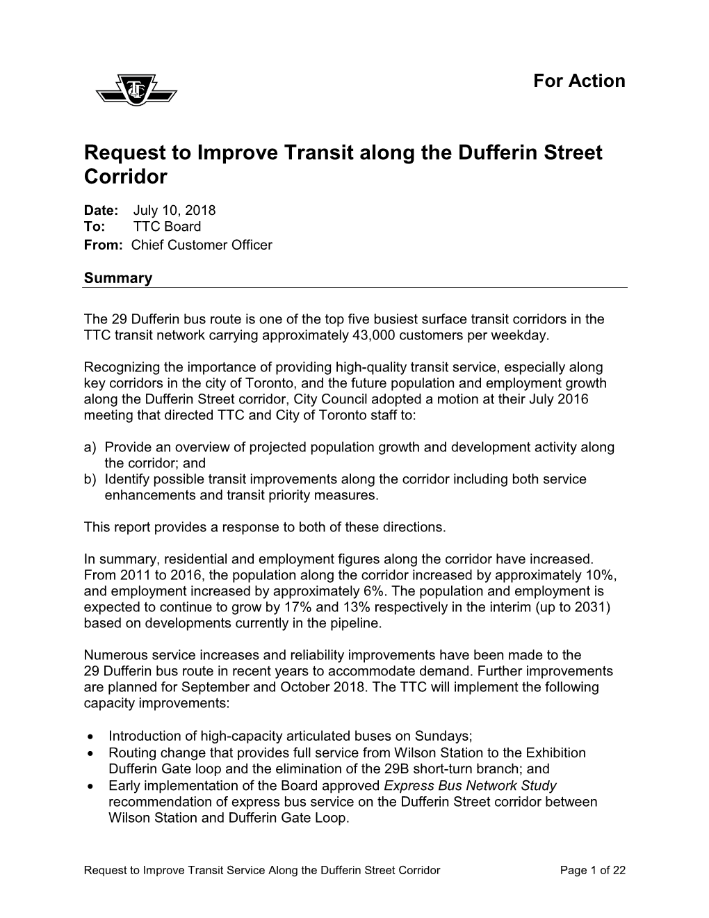 Request to Improve Transit Along the Dufferin Street Corridor