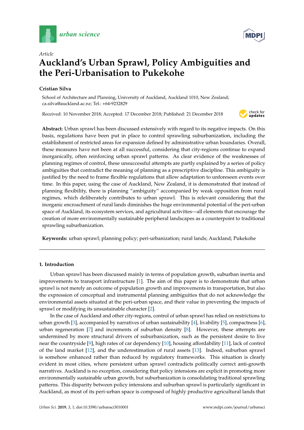 Auckland's Urban Sprawl, Policy Ambiguities and the Peri