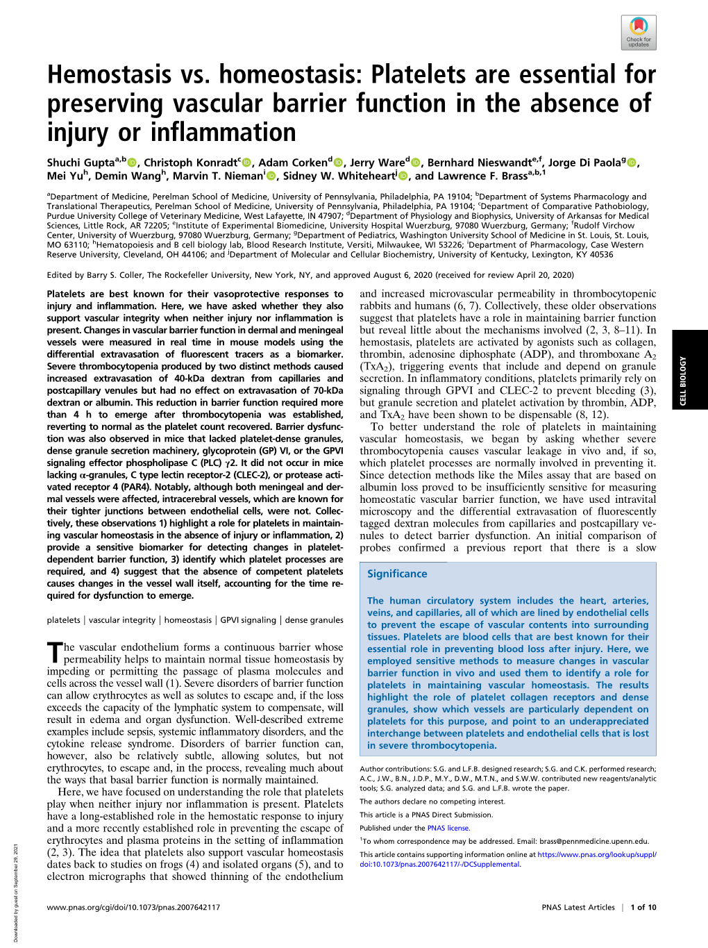 Platelets Are Essential for Preserving Vascular Barrier Function in the Absence of Injury Or Inflammation