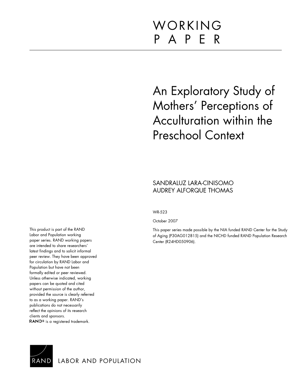 An Exploratory Study of Mothers' Perceptions of Acculturation Within