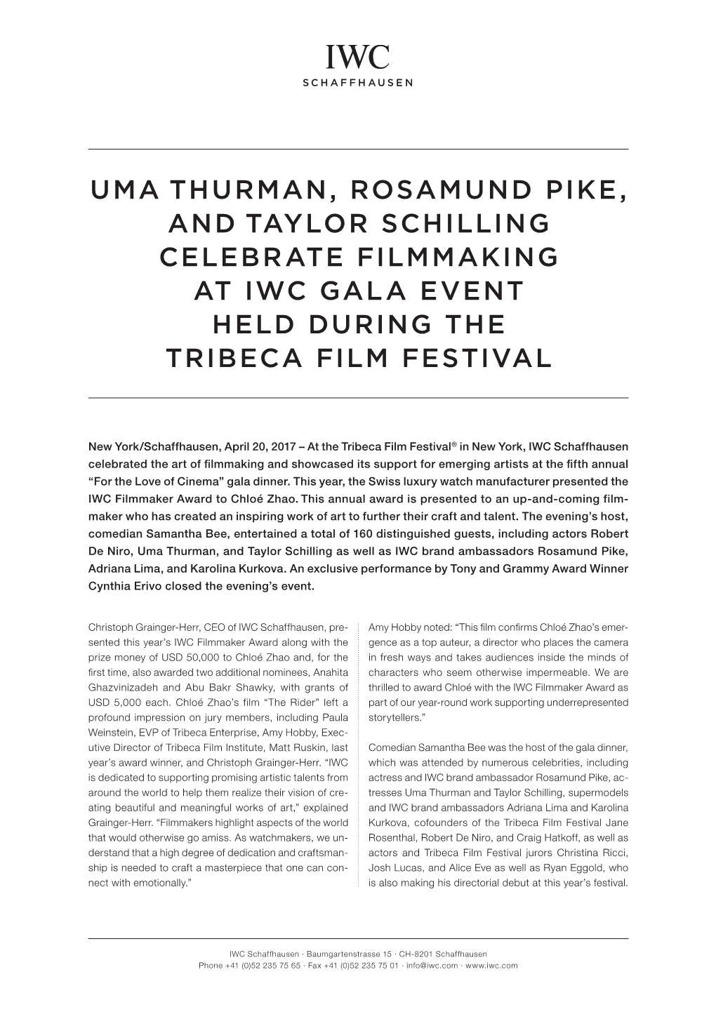 Uma Thurman, Rosamund Pike, and Taylor Schilling Celebrate Filmmaking at Iwc Gala Event Held During the Tribeca Film Festival