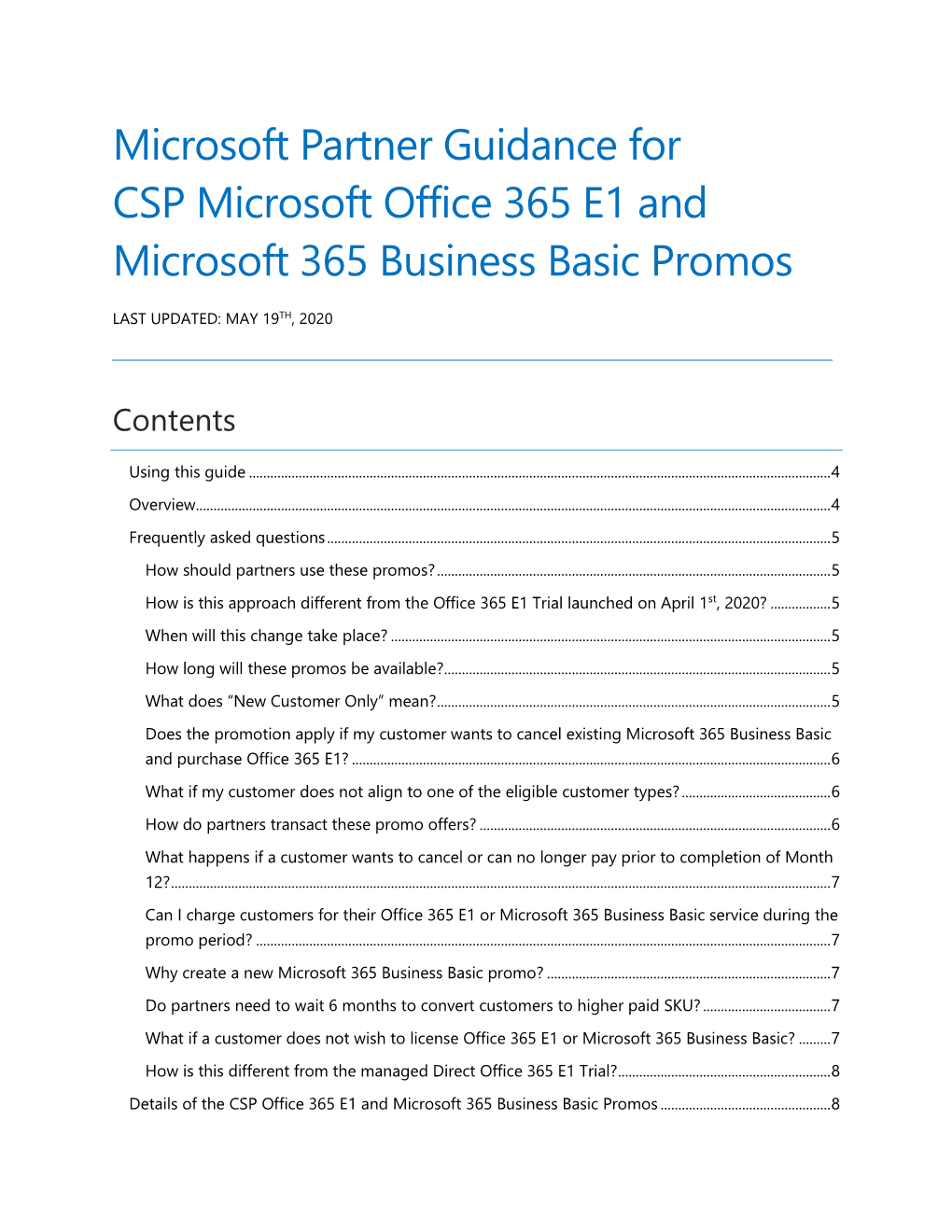 Microsoft Partner Guidance for CSP Microsoft Office 365 E1 and Microsoft 365 Business Basic Promos