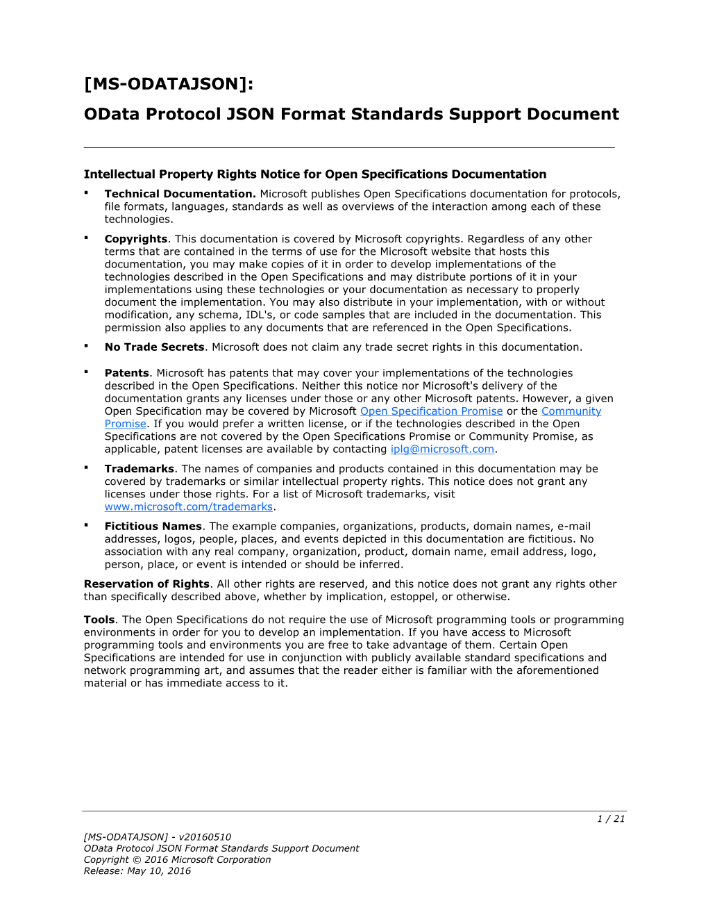 Odata Protocol JSON Format Standards Support Document