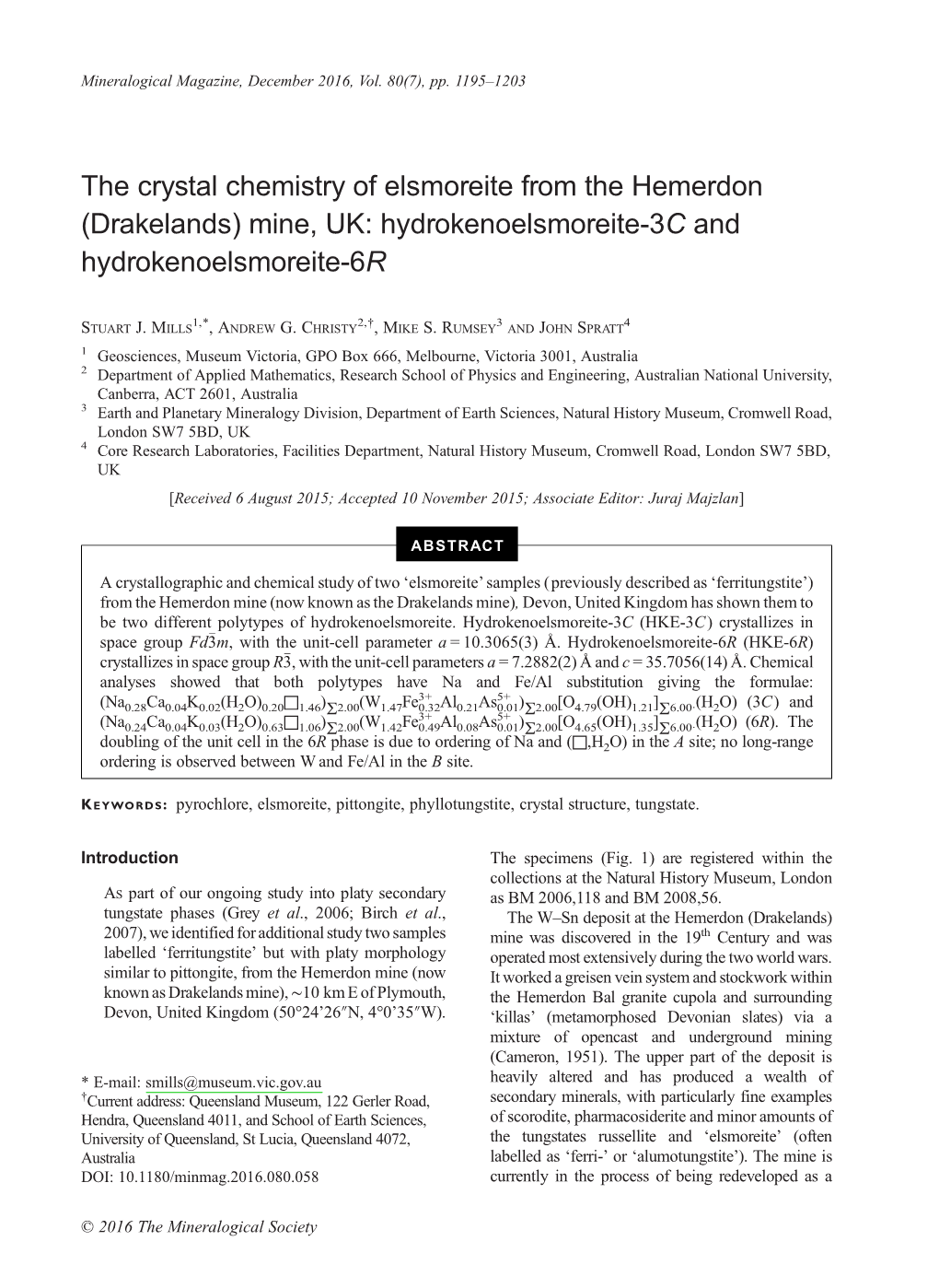 The Crystal Chemistry of Elsmoreite from the Hemerdon (Drakelands) Mine, UK: Hydrokenoelsmoreite-3<I>C</I> and Hydro