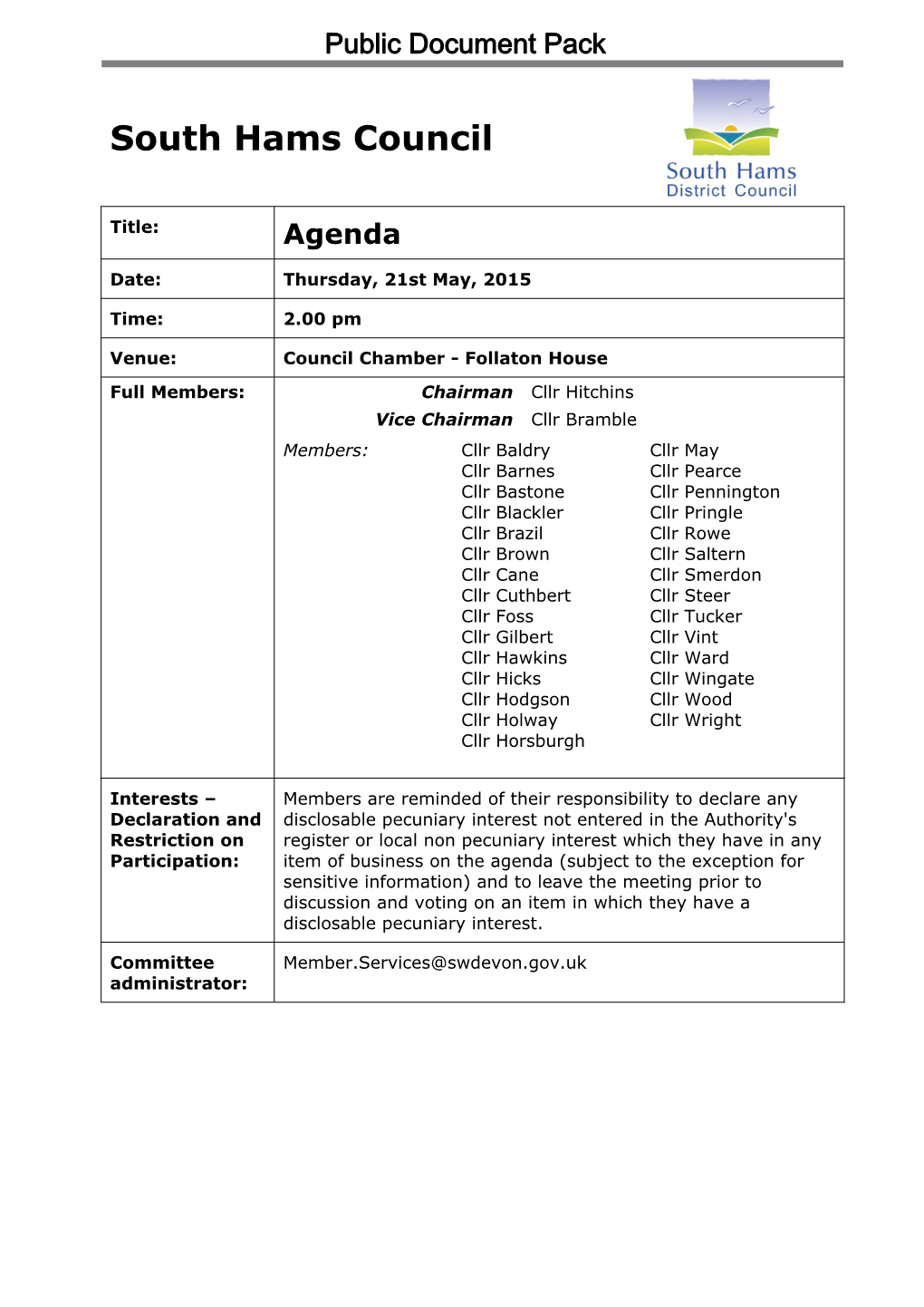 (Public Pack)Agenda Document for South Hams Council, 21/05/2015