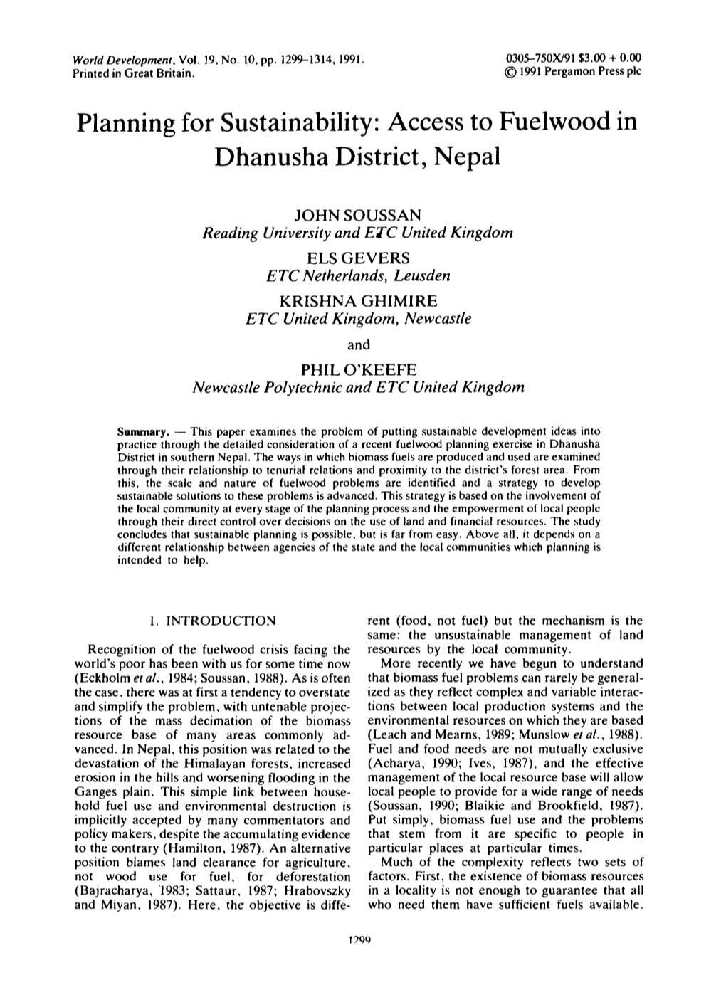 Planning for Sustainability: Access to Fuelwood in Dhanusha District, Nepal