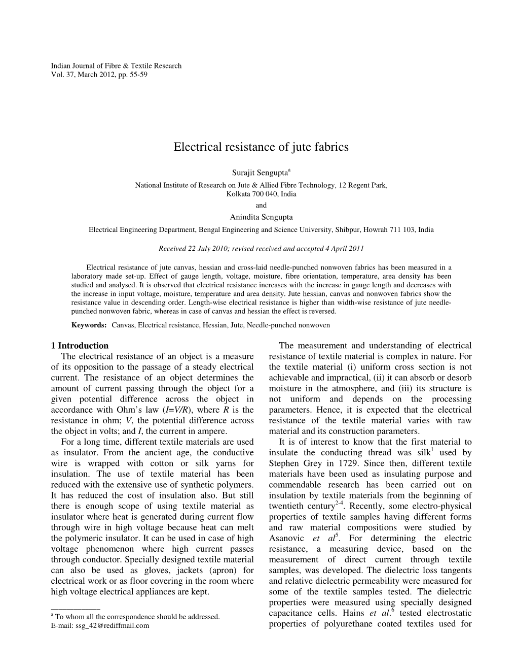 Electrical Resistance of Jute Fabrics