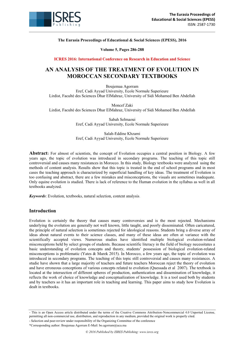 An Analysis of the Treatment of Evolution in Moroccan Secondary Textbooks