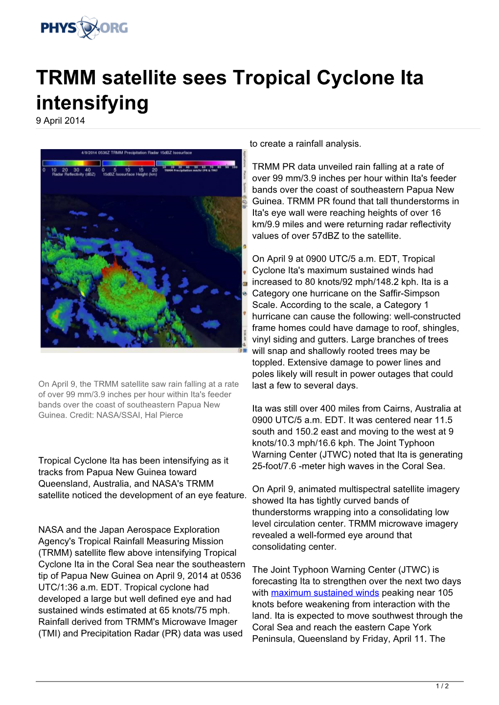 TRMM Satellite Sees Tropical Cyclone Ita Intensifying 9 April 2014