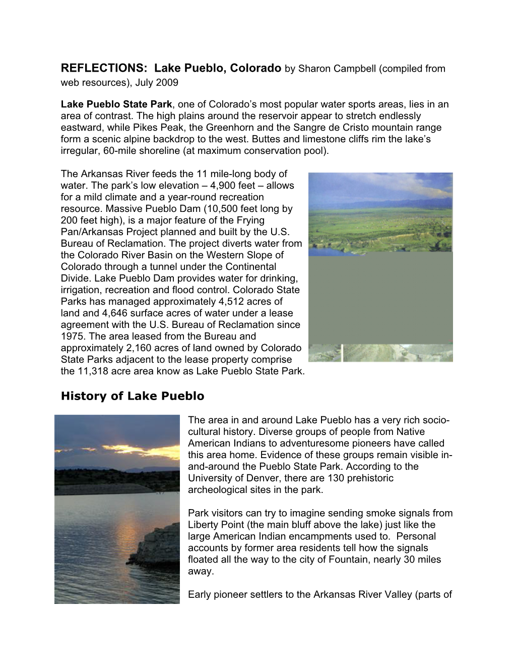 Lake Pueblo, Colorado by Sharon Campbell (Compiled from Web Resources), July 2009