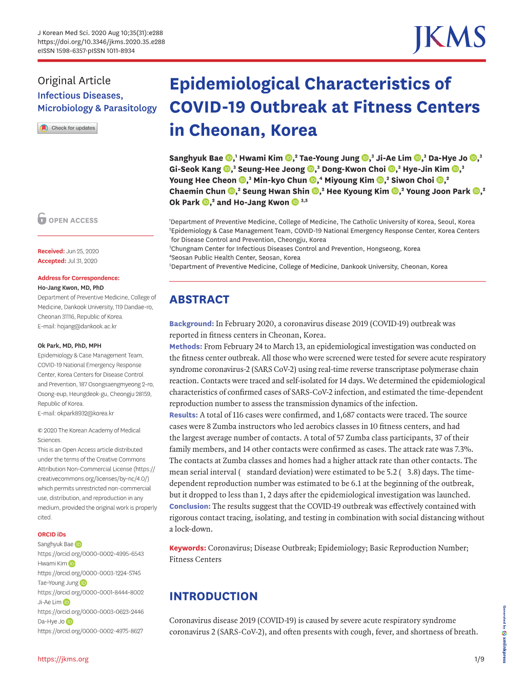 Epidemiological Characteristics of COVID-19 Outbreak at Fitness