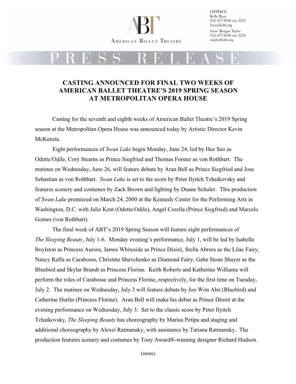 Casting Announced for Final Two Weeks of American Ballet Theatre’S 2019 Spring Season at Metropolitan Opera House